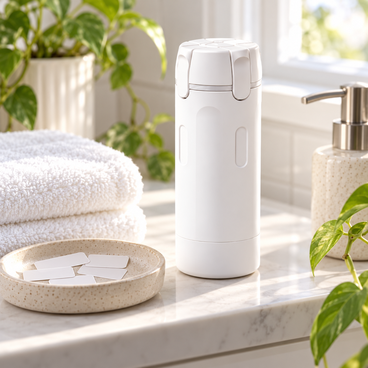 White Snugglepaw travel dispenser arranged neatly on a bathroom shelf