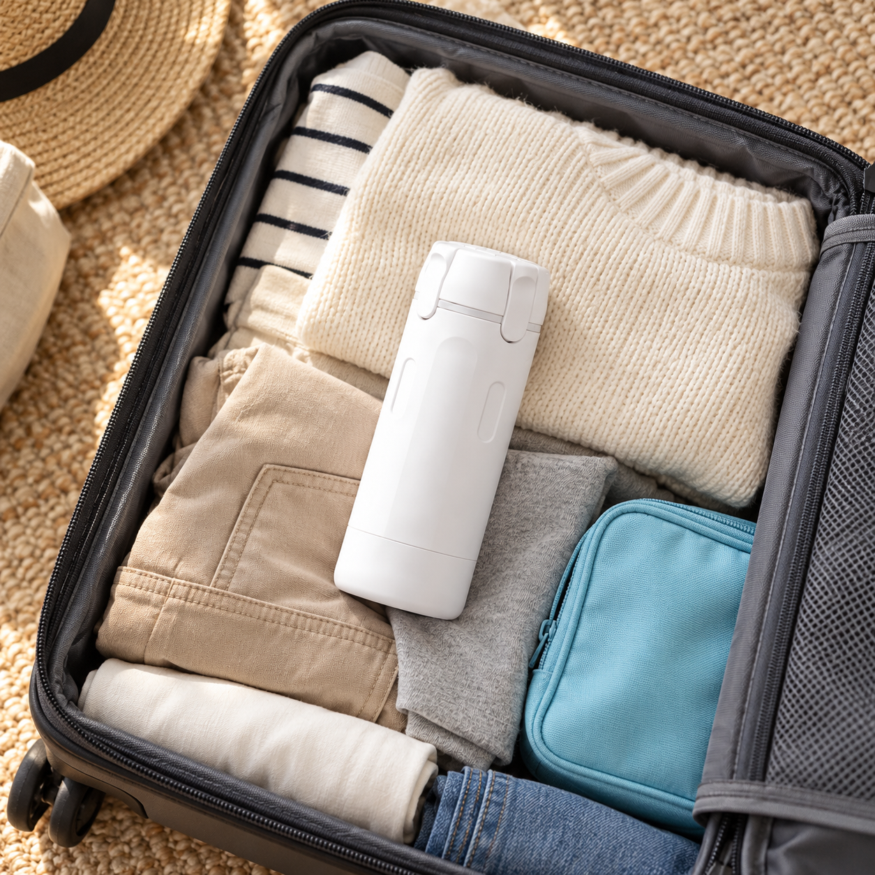 White Snugglepaw travel dispenser packed inside a suitcase